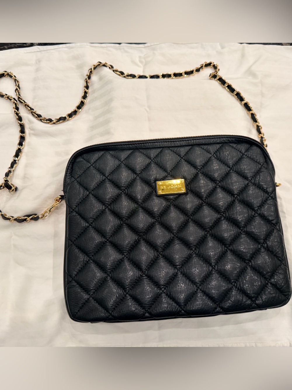 St. John Black Quilted Leather Gold Chain Crossbody Shoulder Bag